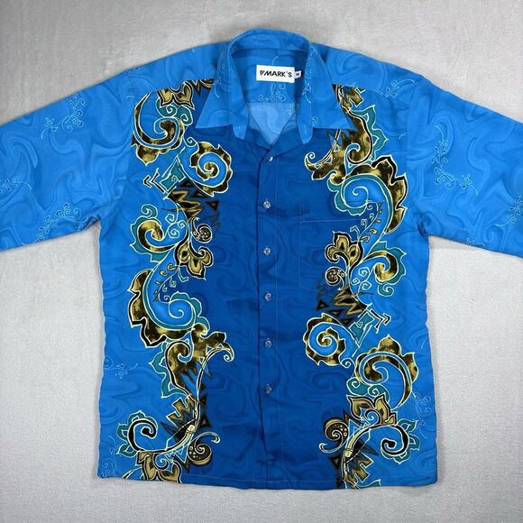 True Vintage 1960s Shirt Disco Dagger Collar Polyester Novelty Print Mark's Blue - Picture 2 of 9